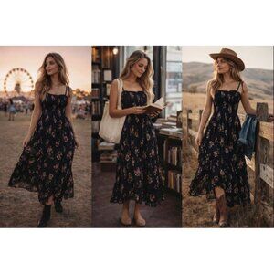 Intimately FP Med Floral Ruffle Maxi Dress Smock Festival Coastal Cowgirl Boho
